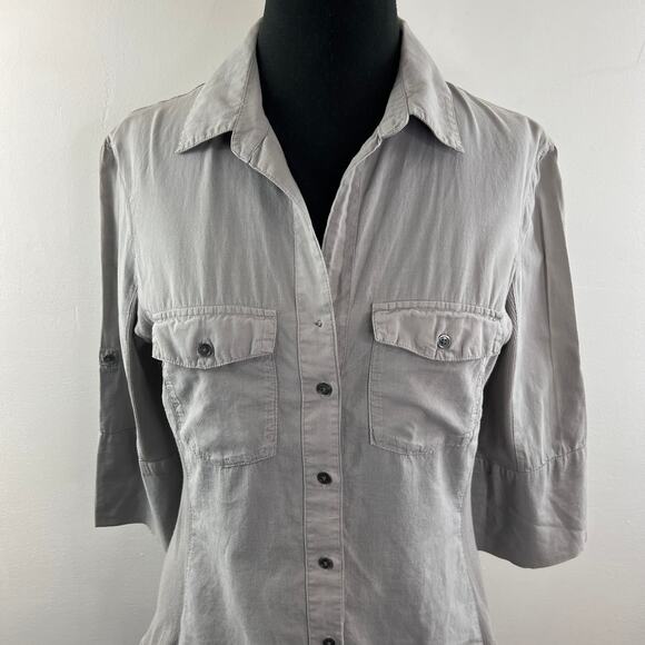 JAMES PERSE Gray Top Cotton 3/4 Sleeve Pockets Collared Classic Button-Up Size 3 - Picture 3 of 8